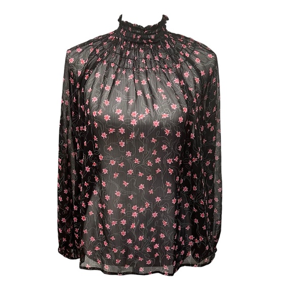 Elizabeth and James Tops - Elizabeth and James Blouse Sz M Woman’s High Neck Black Pink Floral Ribbed Sheer